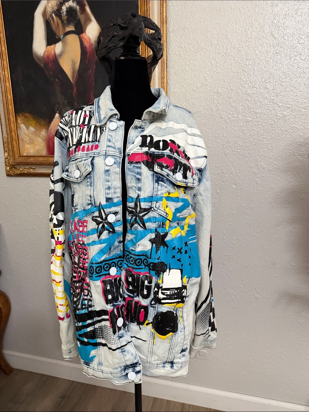 Reason hand Painted Graffiti Light Wash Denim Jacket —Blue, Pink, Yellow, Black.